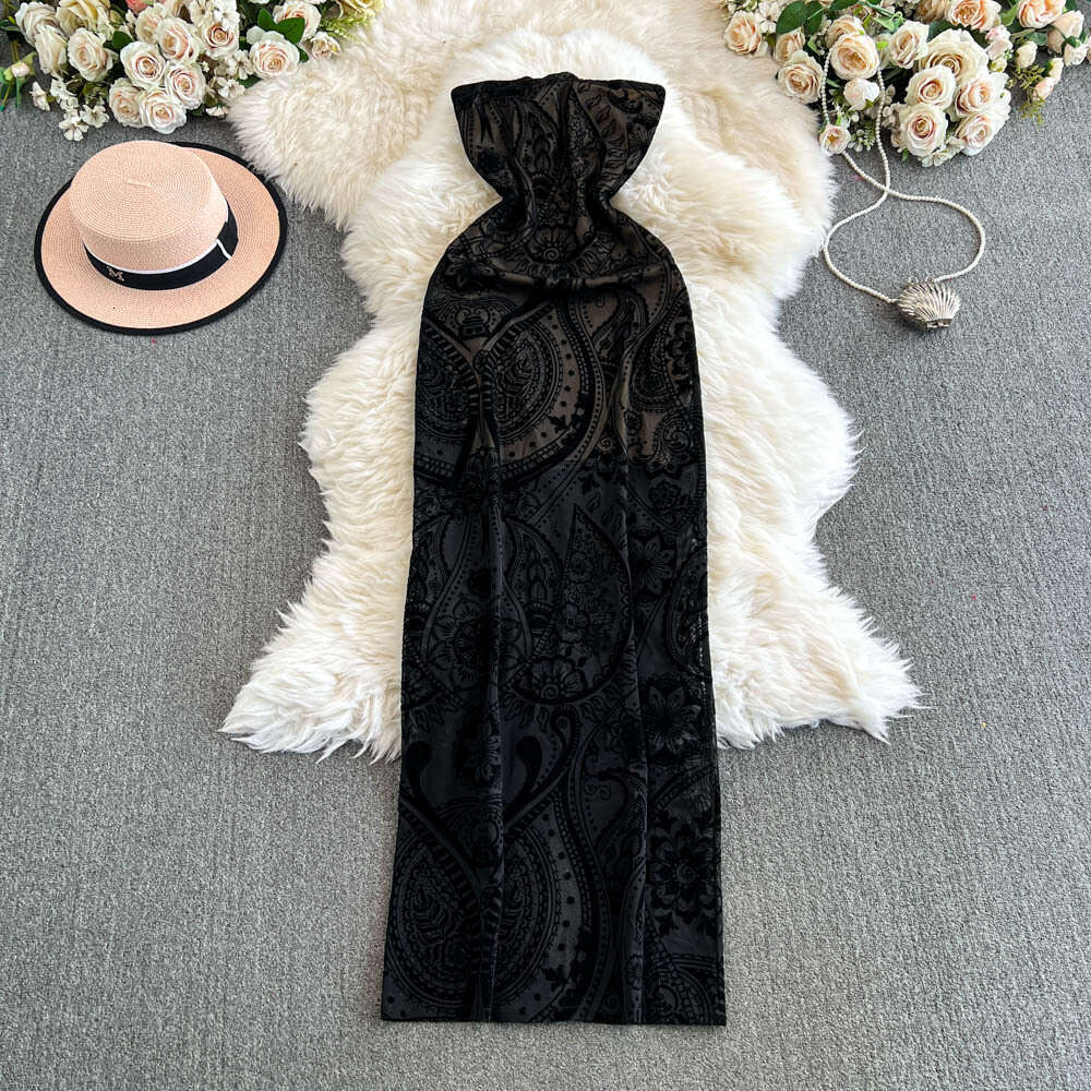 2026 Designer a21 High end Fashion Dress Feminine Elastic Slimming Plush Printed Waist Sleeveless Strapless