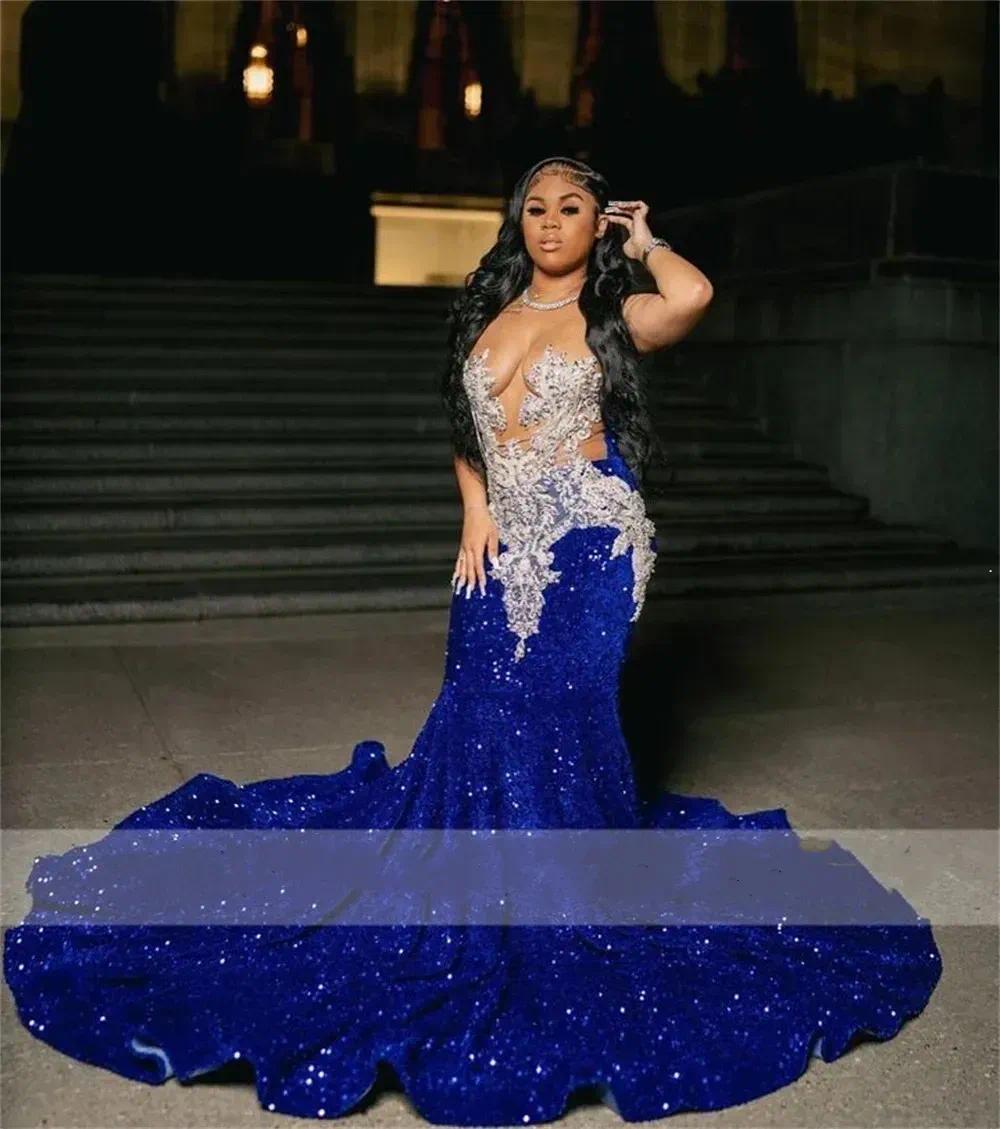 Royal Blue Sequins Beaded Appliques Prom Dresses For Black Girls Sheer Neck Sweep Train Mermaid Formal Ocn Gowns BC19319 0252