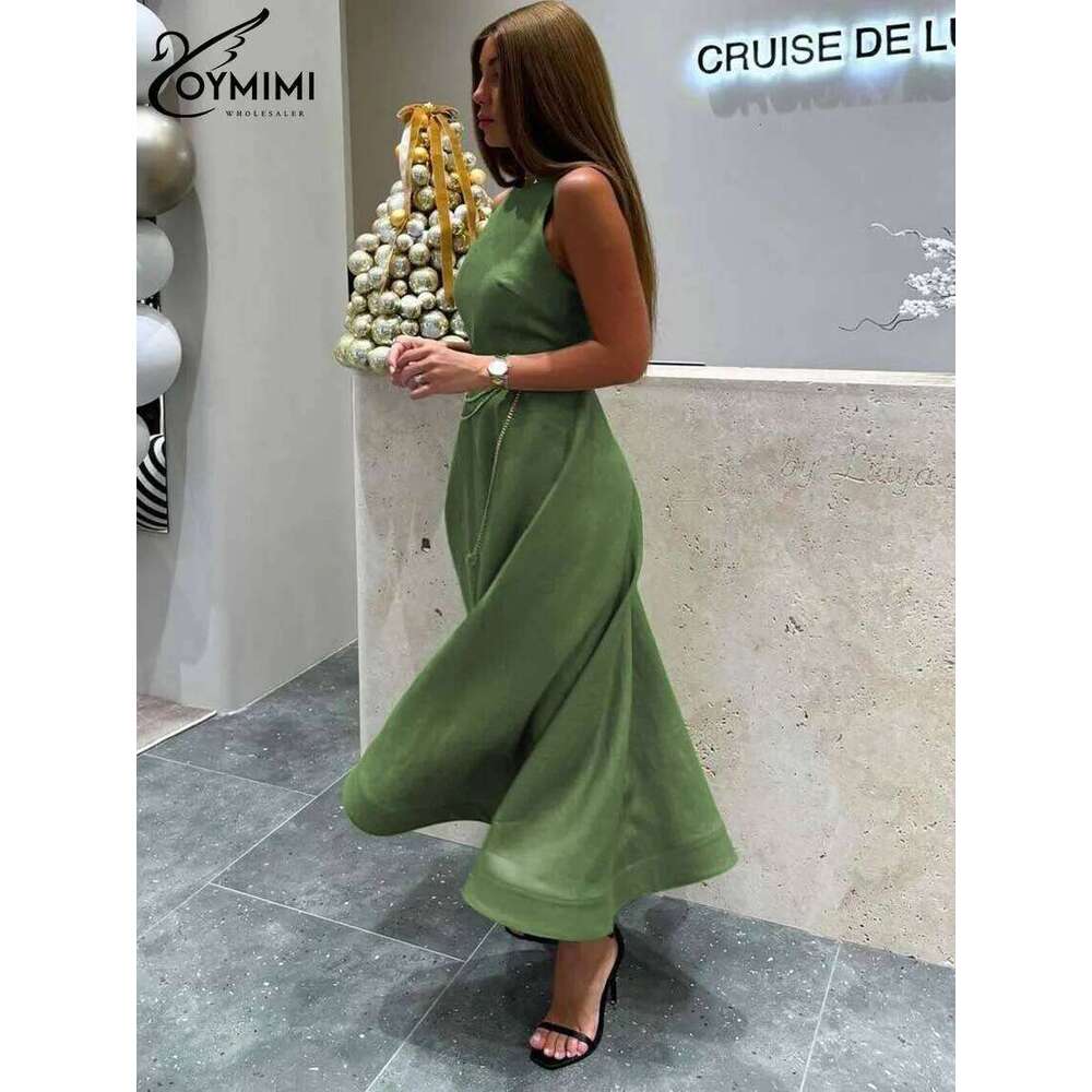 Oymimi Elegant Green Cotton Women's Dress Fashion O-Neck Sleeveless Casual New High Waist A-Line Mid-Calf Dresses Female C260312