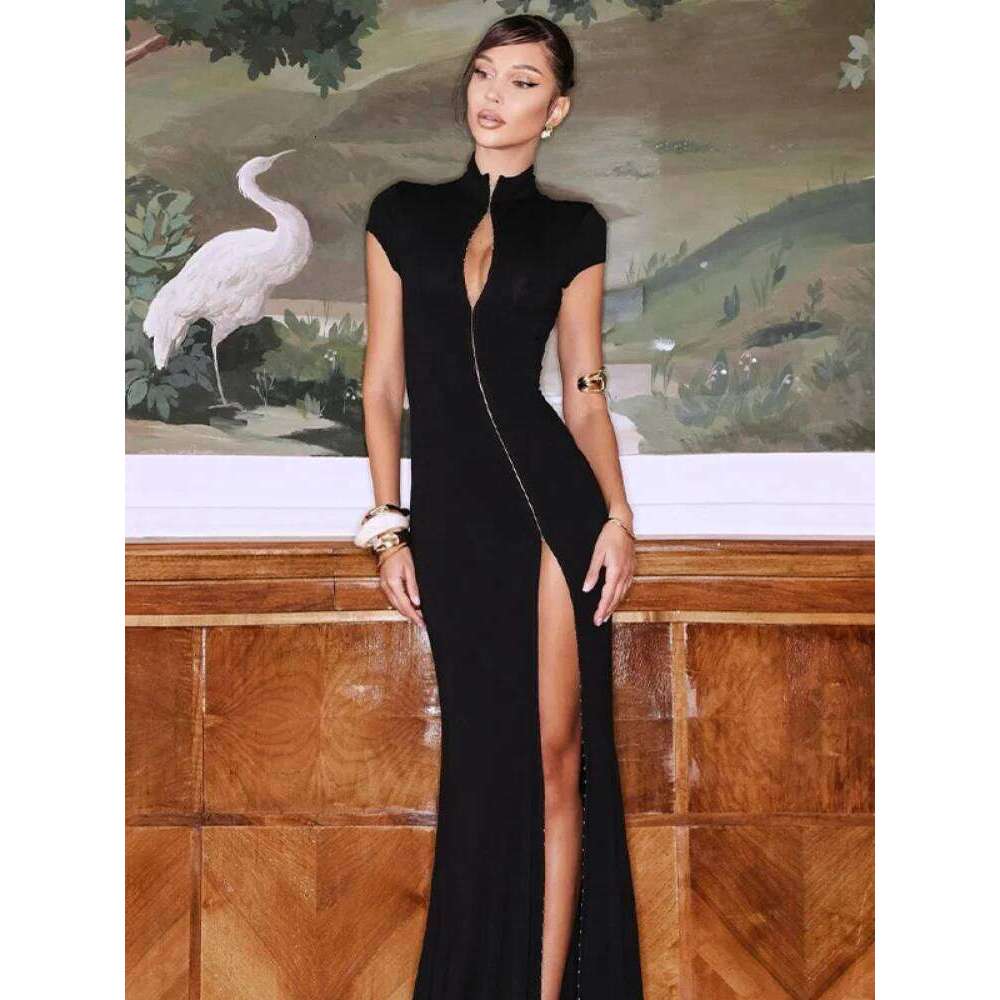 Chic Black Hollow Out Slit Dress Women Fashion Short Sleeve Solid High Neck Slim Fit Maxi Dresses Lady Evening Party Club Robe C260312