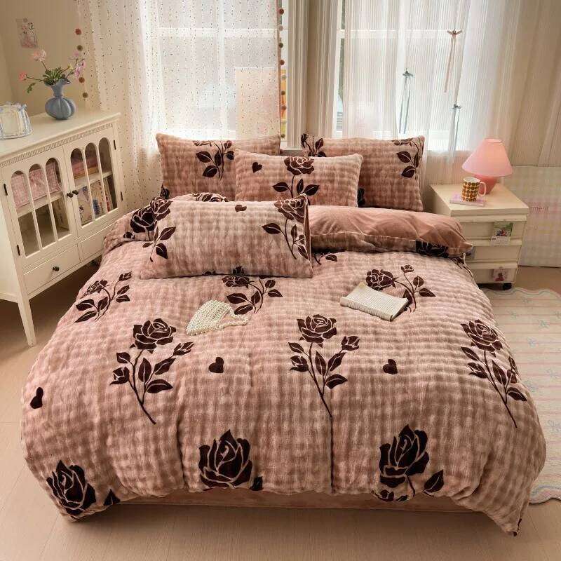 New simple printing bubble milk fleece four-piece set student dormitory cartoon thickened bed sheet quilt cover kit household H260312