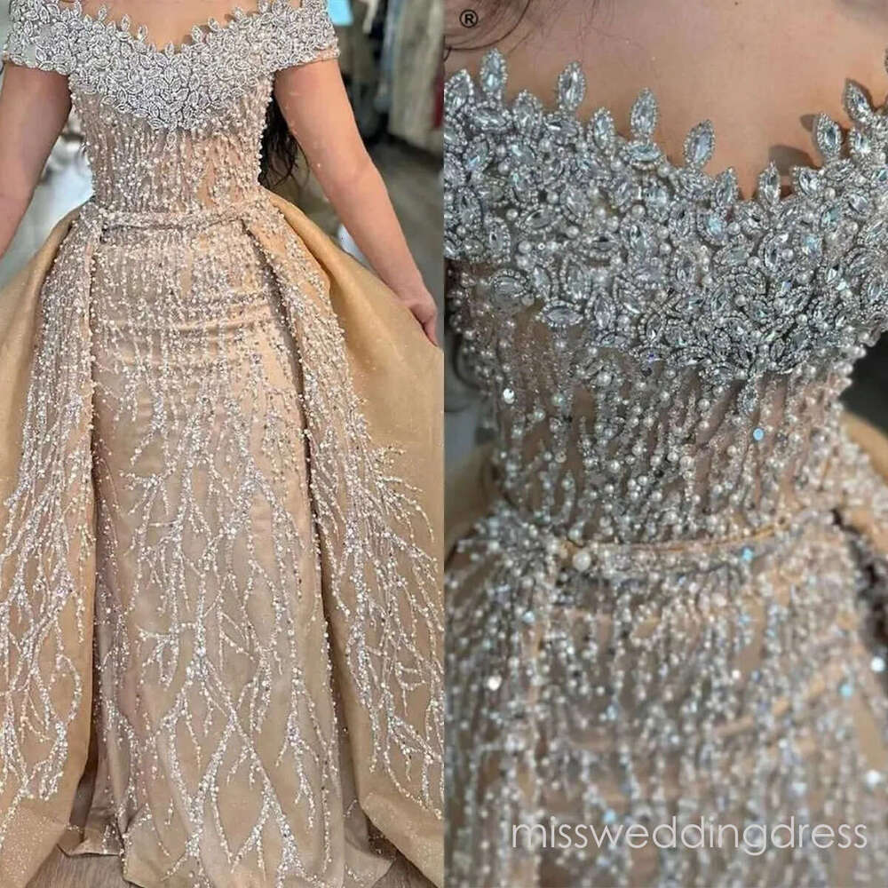 Gorgeous Crystal Pearls Wedding Dresses Off Shoulder Mermaid Bridal Gowns with Detachable Train Custom Made Bride Dress Plus Size