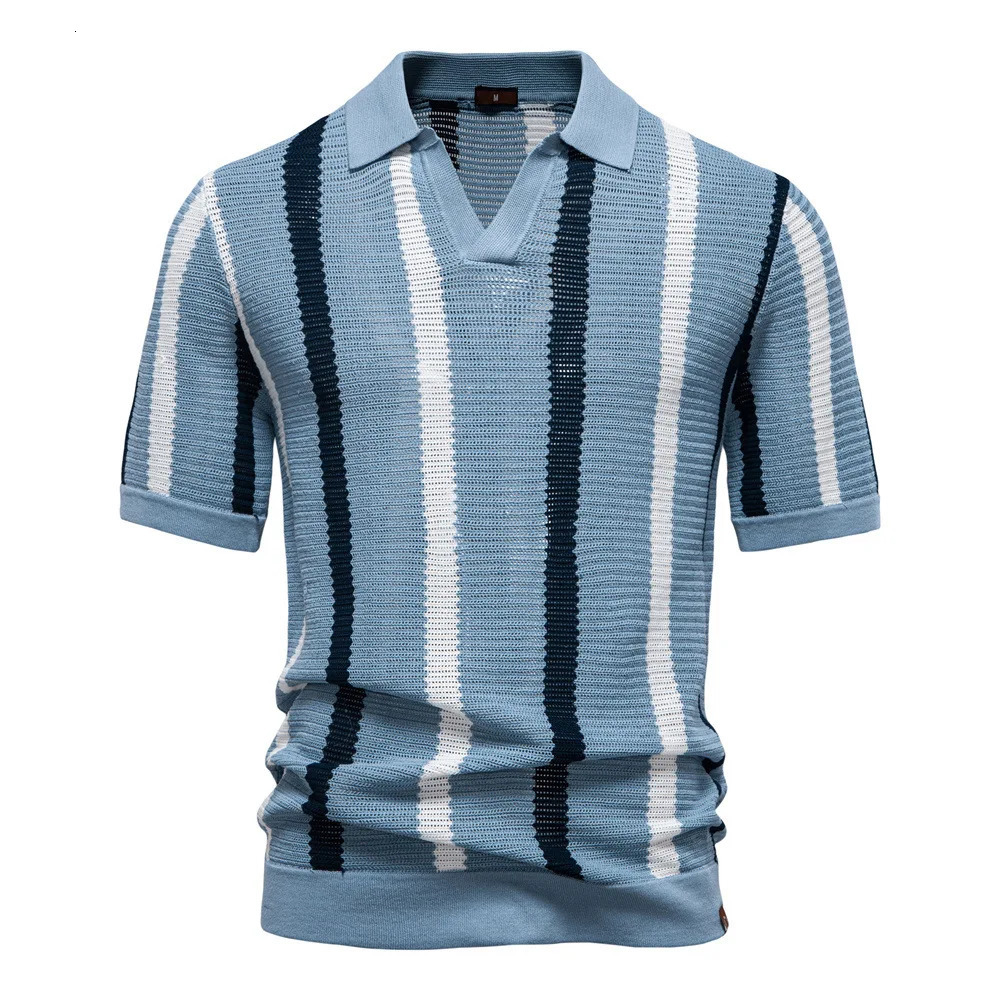 summer mens short-sleeved striped knitted POLO shirt with hollow-out and breathable mesh fabric 260311