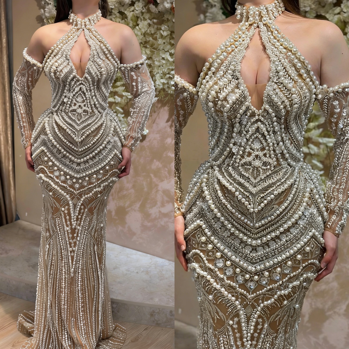 Gorgeous Evening Dresses For Women Halter Neck Long Sleeves Gown Pearls Beaded Floor Length Dress Party Customized Dress