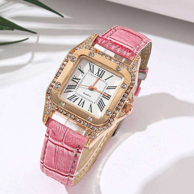 6pcs Women Fashion Quartz Female Clock Pink Butterfly Necklace Bracelet Luxury Design Ladies Leather Wrist Watch
