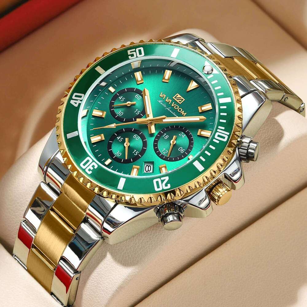 VA VOOM Brand Top 1Pc Multifunctional Fashionable Dial Green Gold Stainless Steel 3Bar Timing Watch for Men