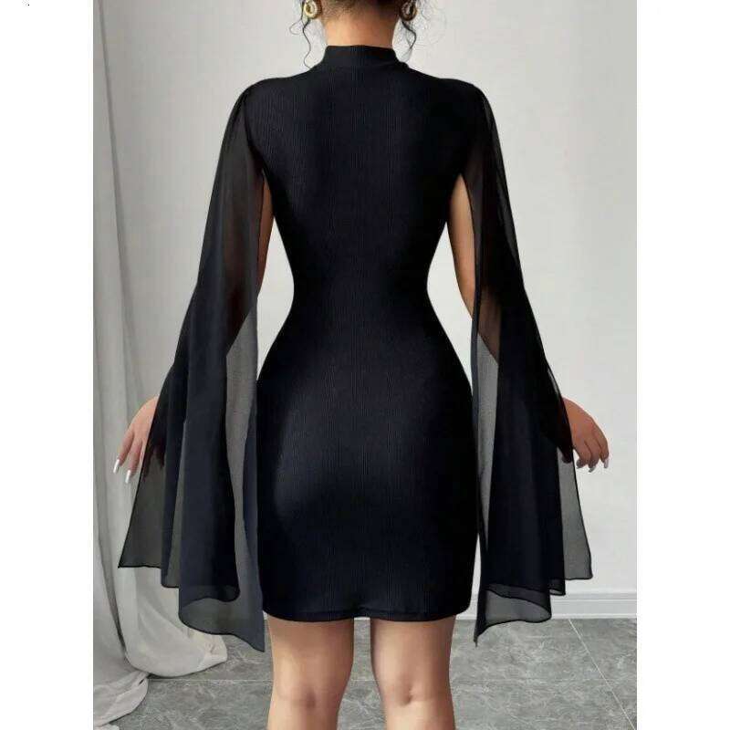 2025 Black Evening Party Dresses Women's Round Neck Pit Bar Pearl Chiffon Cloak Wrapped Hip Dress for Women Vestidos Para Mujer C260312