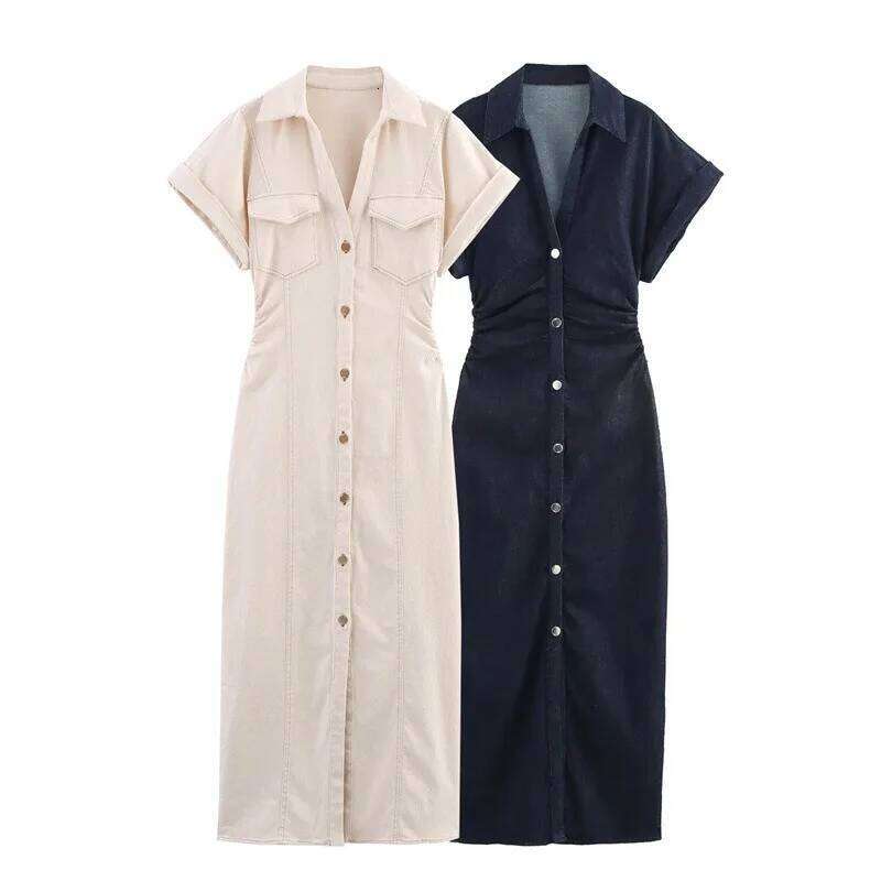 New Long Dresses 2025 Woman Fashion Summer V-neck Single Breasted Slim Fit Denim Skirts Women's Clothing Tops C260312