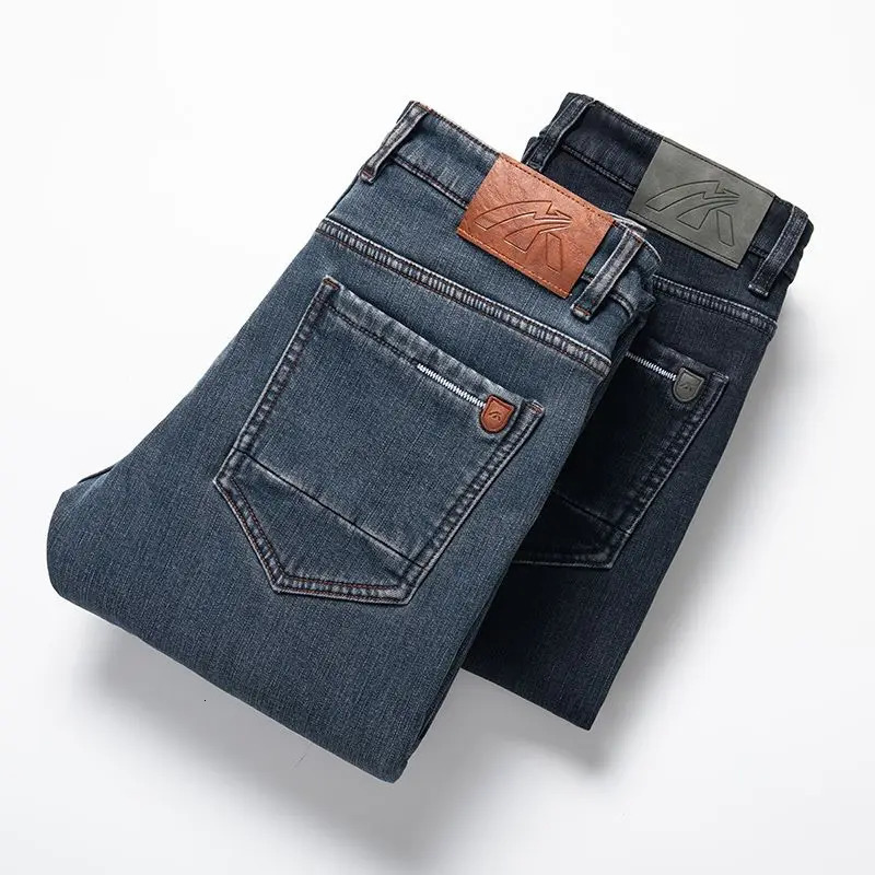 Winter Warm Mens Jeans Fleece Thickened Elastic Smoke Gray Black Business Straight Casual Denim Pants Man PlushClothes 260228