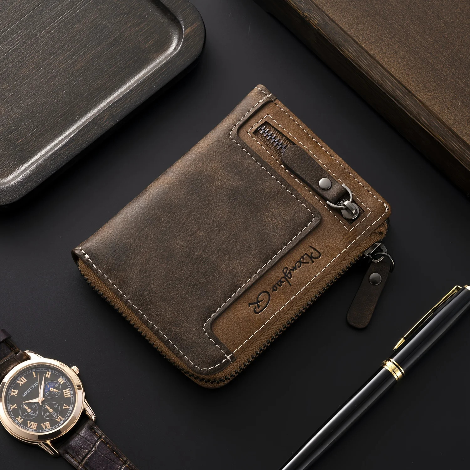 Mens Retro Short Wallet Multifunctional Fashion Zipper PU Leather Coin Purse High Quality Credit Card Holder Ideal Gift For Men 260304