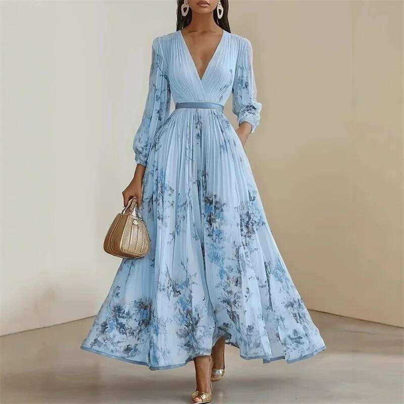 New Spring Summer Ladies Elegant Sexy V-neck Print Long Sleeve Big Swing A-line Holiday Dress Women Maxi Dresses Clothing C260312