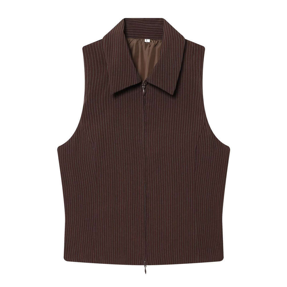 European American Style Foreign Trade Spring Women S New Fashion Zippered Striped Vest And High Waisted Long Pants Set