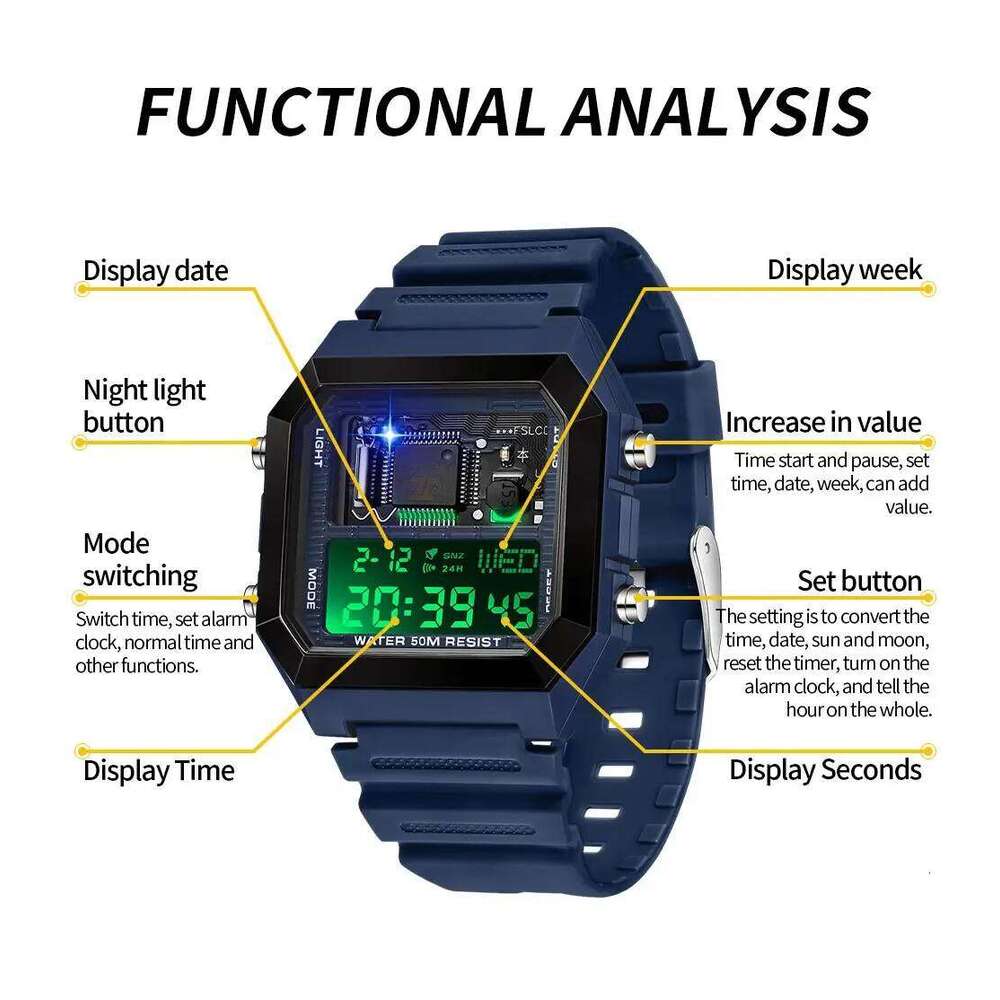 SANDAD Top Brand 6216 Alarm Clock Men's Electronic Square Multi functional Countdown Watch