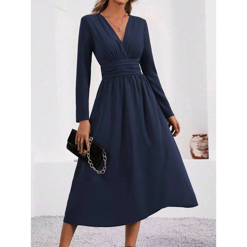 Elegant Solid Color Knit for Women 2025 Fall Winter Overlap V-Neck Sleeve with Waist Shirring Bodycon Long Maxi Dress C260312