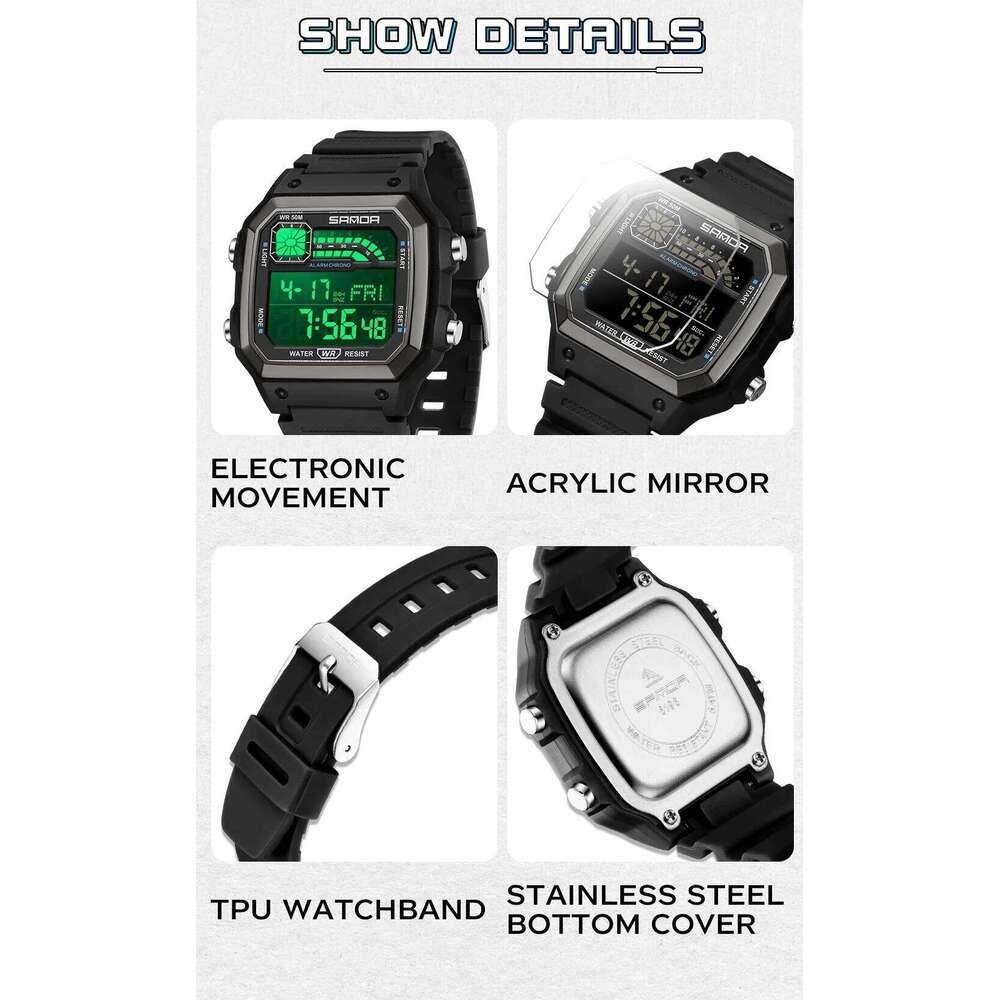 SANDA 6196 Men Electronic Watches Round Square Fashion Luminous Stainless Steel Strap Arabic Tidal Worship Male Wrist Watch