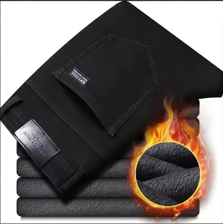 2025 Winter Men Black Straight Stretch Denim Thick Velvet Pants Warm Jeans Casual Fleece Line Trousers Male Plus Size 260228