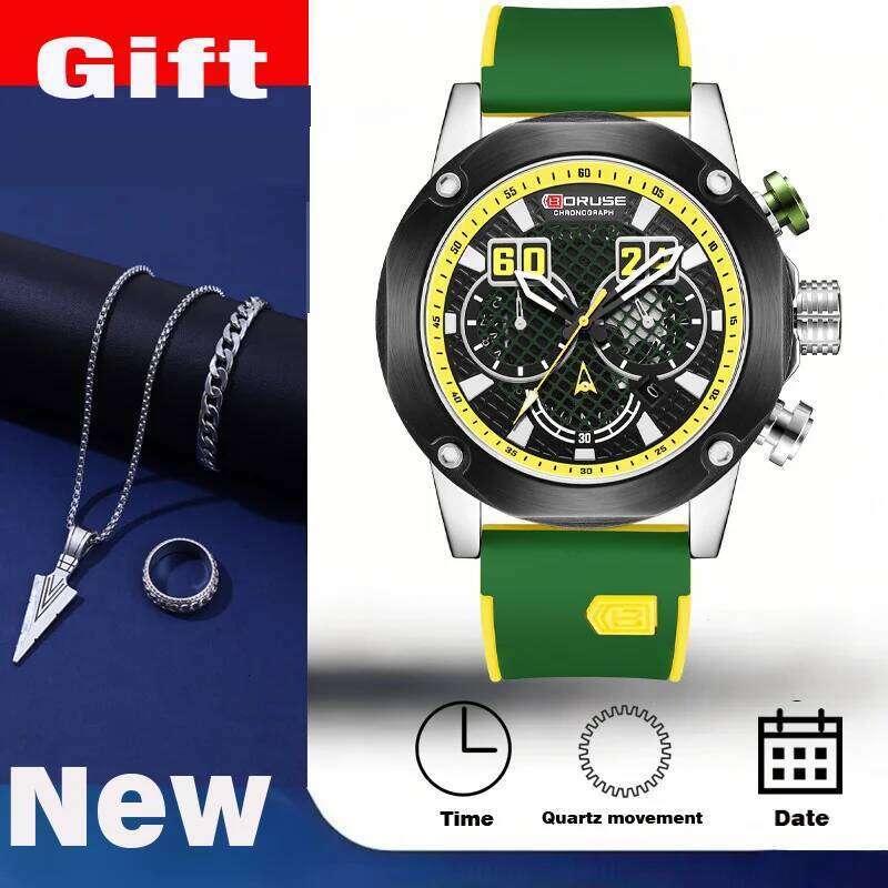 4 PCS SET BORUSE Fashion and Triangle Spearhead Necklace Set, Men's Quartz Waterproof Watch, Luxury Silicone Watch