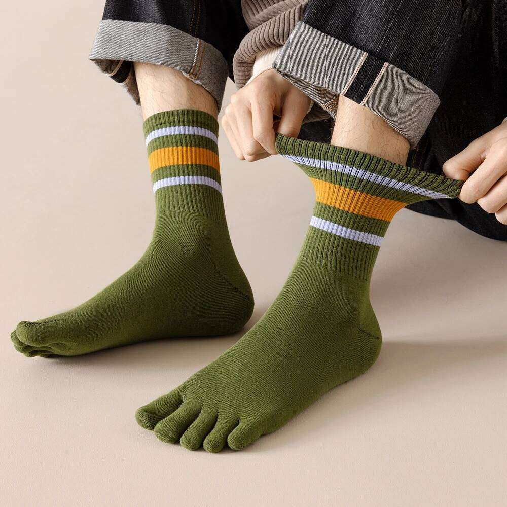 5 Pairs Men Toe with Separate Fingers Mid Tube Five Finger Striped Cotton Sports Socks Summer High Quality Z260312