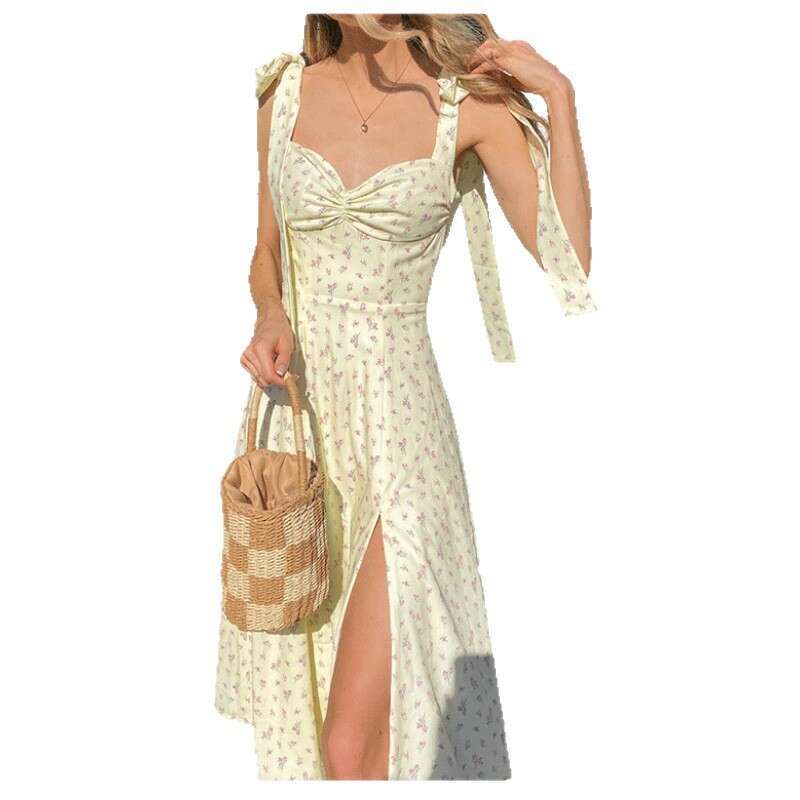 2025 New Women's European and American Summer V-neck Floral Print Backless Slit Slim Fit Dress