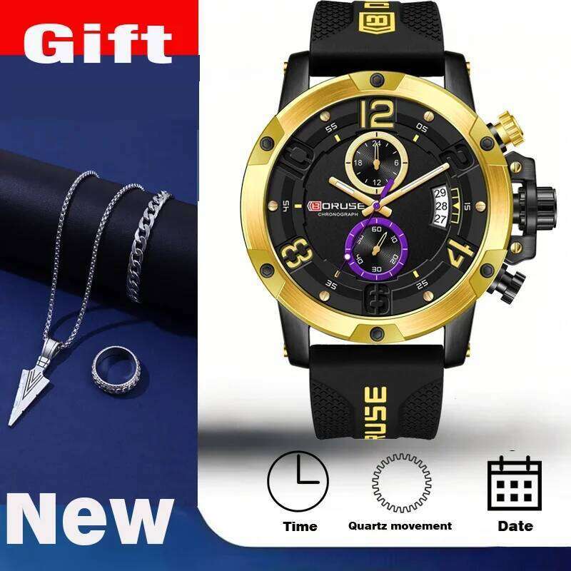 4 PCS SET BORUSE Luxury & Triangle Spearhead Necklace Set, Mens Quartz Waterproof Watches Business Silicone Watch