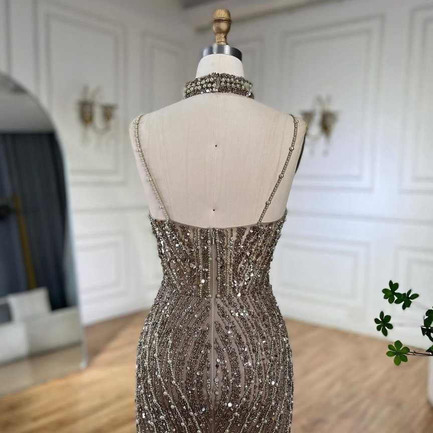 Silver Nude Mermaid Spaghetti with split Strap Beaded Evening Dresses Prom Gowns For Party Customized