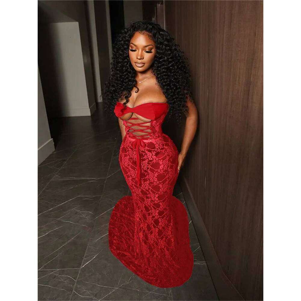 Nibber Lace Sexy Women Maxi Dress Stunning Coquette See Through Patchwork Drawstring Strapless Bodycon Mujer Midnight Club Robe C260312