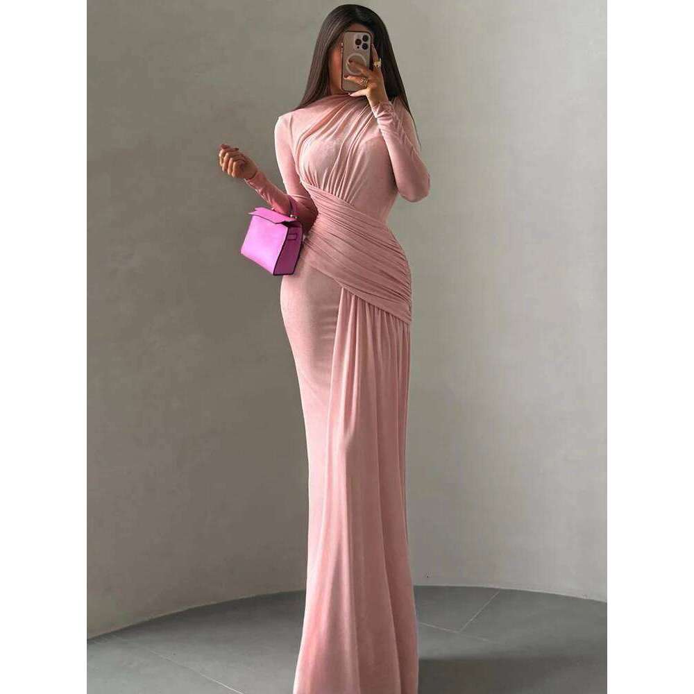 Nibber Folds Maxi Dress Women o-Neck Full Sleeve Solid Banquet Elegant Vacation Fashion Autumn Skinny Casual Simple Vestidos C260311