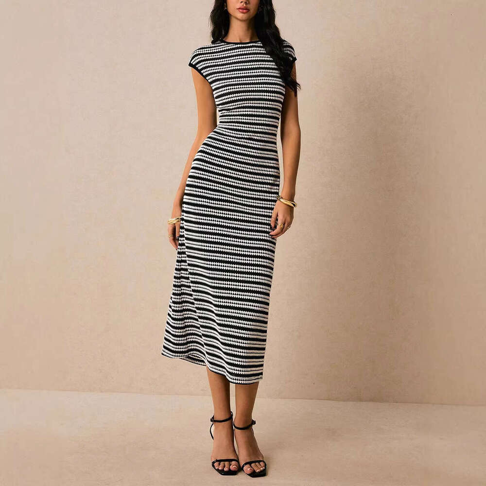 In-stock cross-border European and American striped knitted dress, Amazon foreign trade sleeveless slim-fit midi dress for women