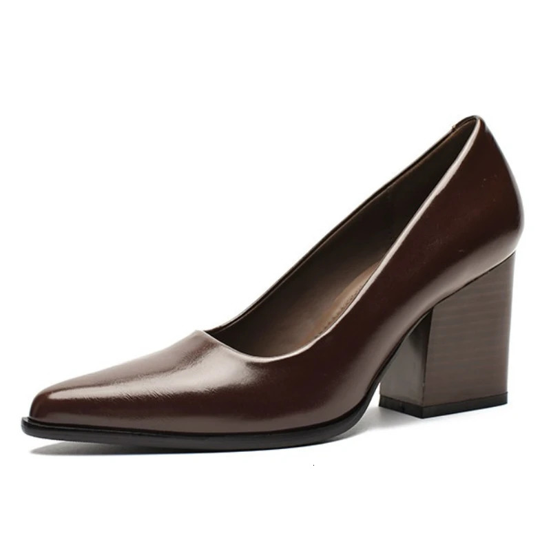 2026 Spring Women Commuter Pumps Shoes Fashion Pointed Toe Slip On Shoes Elegant Thick Heel Work Leather Shoes 260227