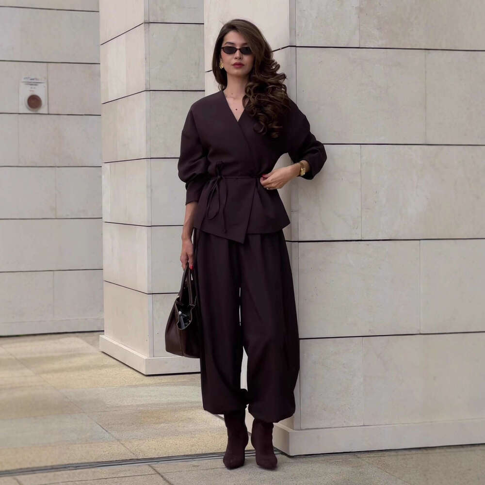 European And American Autumn New Cross Neck Long Sleeve Tie Wide Leg Pants Elegant Women S Set