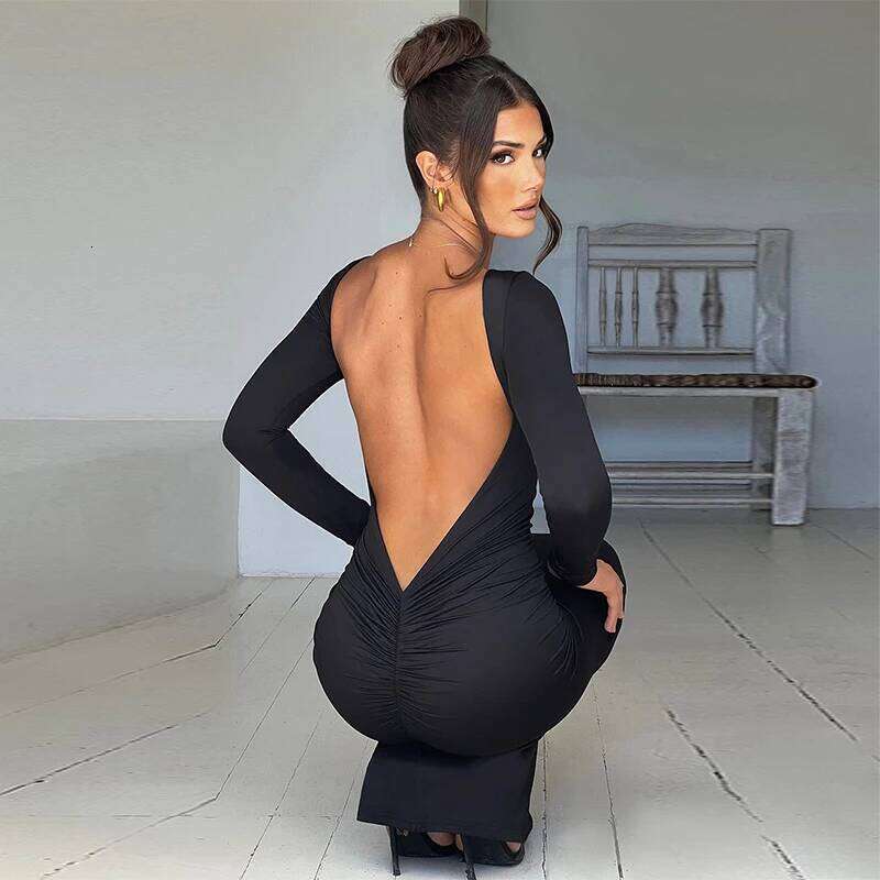 Sexy European And American Girl Pure Color Slim Fit Long Sleeve Backless Dress Spring 2025 New Arrival Elegant Evening Gown C260311