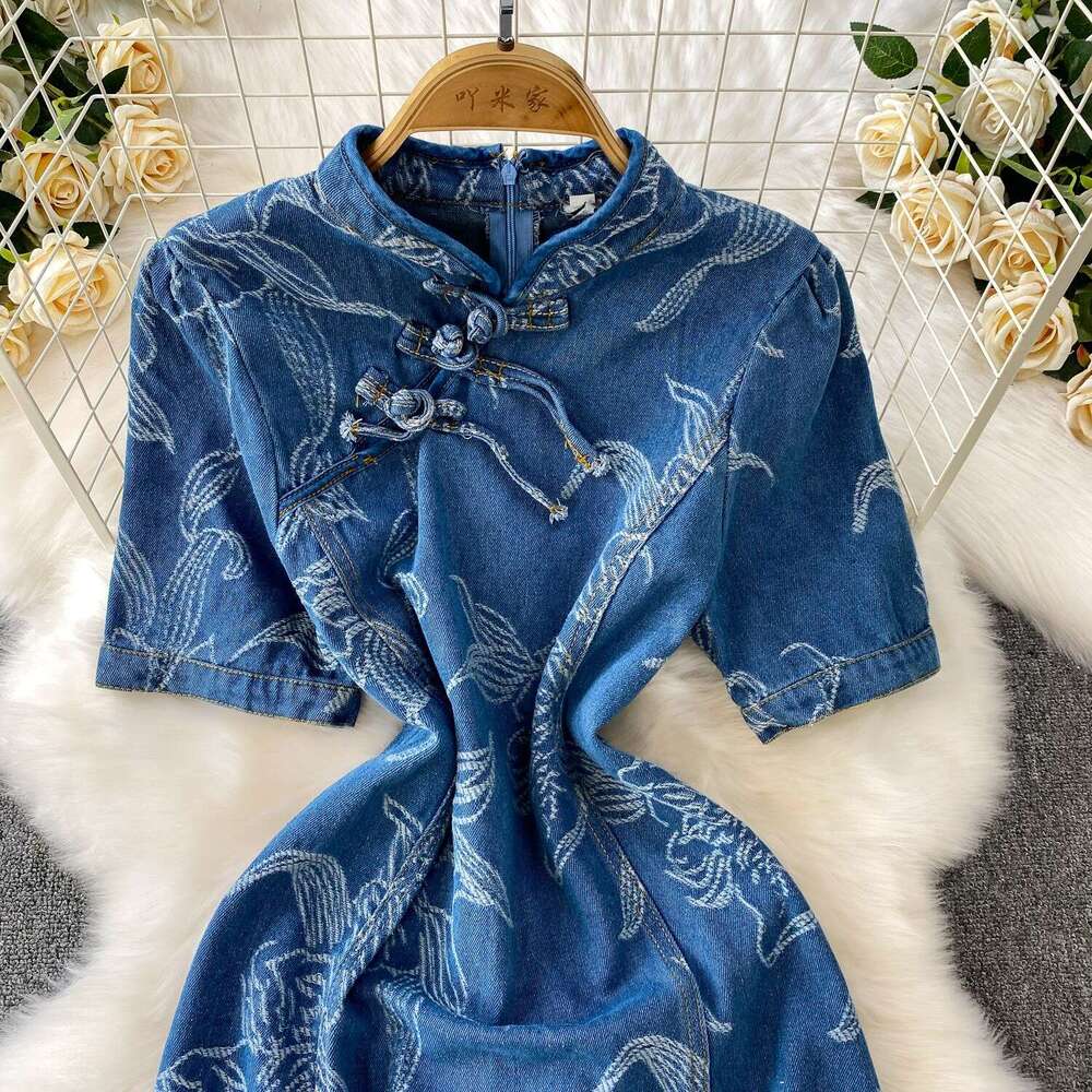 Women's retro button up collar dress, summer high-end jacquard slim fit youth improved A14 cheongsam 2026