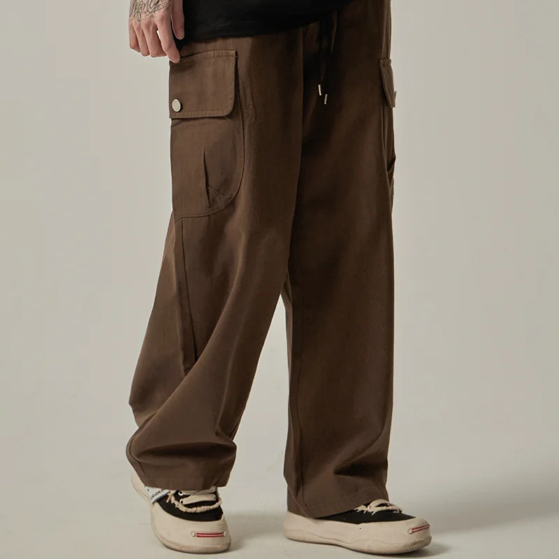 Mens Sweatpants Spring Autumn Vintage Japanese Wide Leg Straight Loose Button Big Pockets Cargo Pants Drawstring Trousers 260311