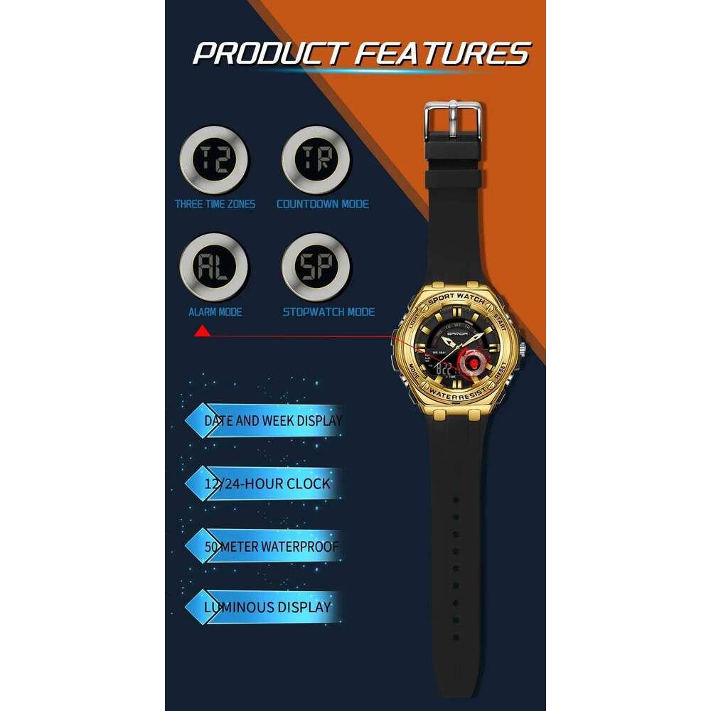 SANDA New 3190 Dual Display Sports Multi functional Waterproof LED Night Light Men's Electronic Watch