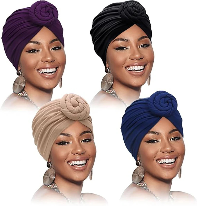 4PCS/LOT Muslim Women Turban Hat Knot Headwrap Ladies Hair Cover Bonnet Beanie African Headscarf Chemo Cap Bandanas 260304