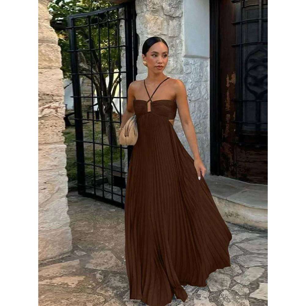 Summer Halter Pleated Long Dress Women Backless Sleeveless Blue Beach Vacation Dresses Female 2025 Fashion Lady A-line Robes C260312
