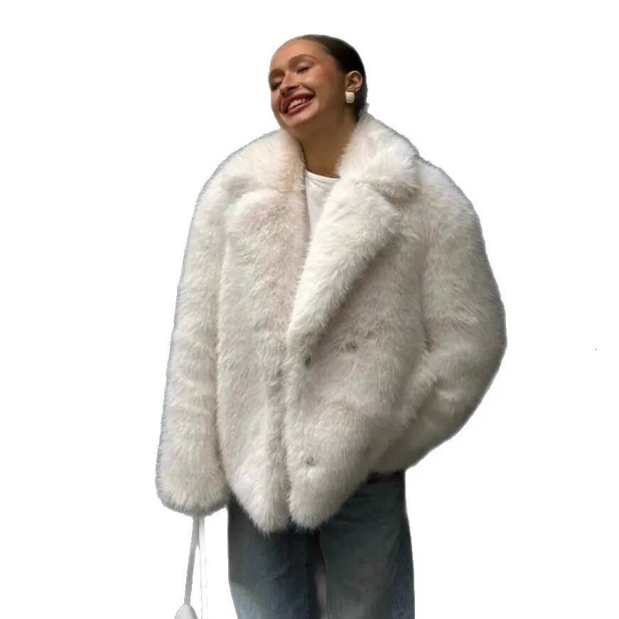 KIDCRKJ Winter Women Mink White Snap Button Lapel Faux Fox Jacket For Lady Chic Fluffy Female Artificial Fur Coat