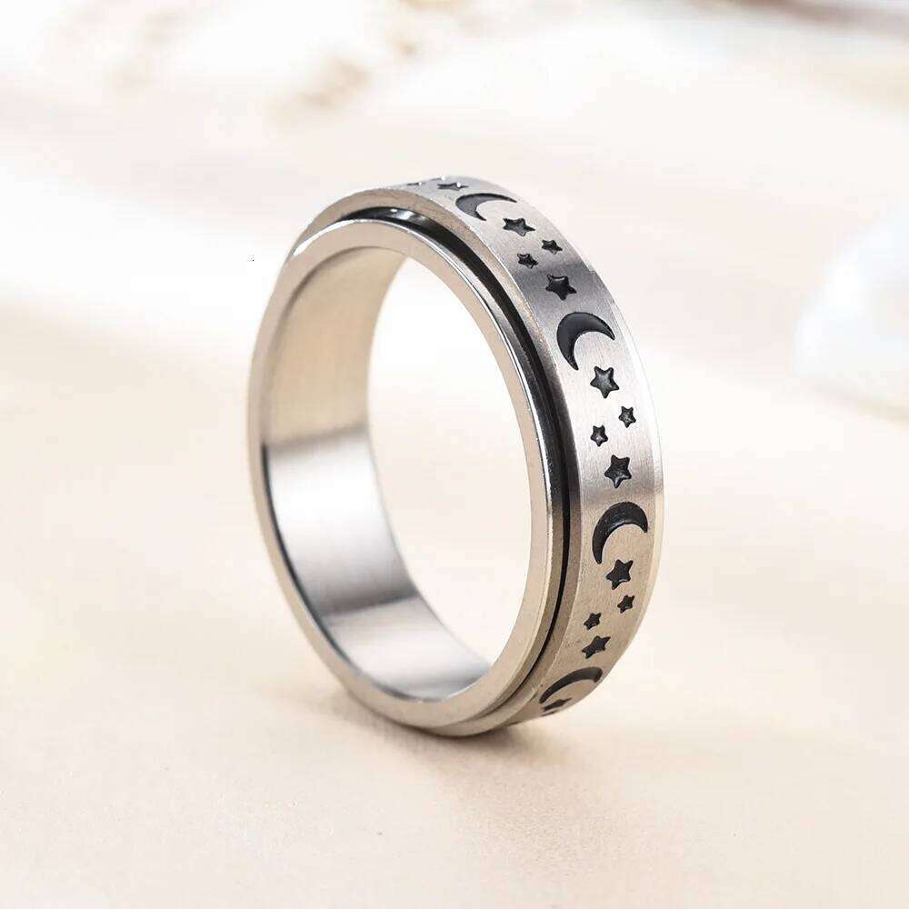 Anti Stress Stainless Steel Moon And Star Rings For Couples Fidget Spinner Metal Rotate Freely Anxiety Control Ring Jewelry H260312