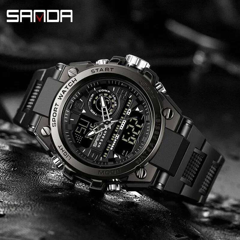 SANDA 6024 Sport Quartz Watch for Men LED Dual Display Electronic Digital Mens Wristwatches Waterproof Military Shockproof Clock