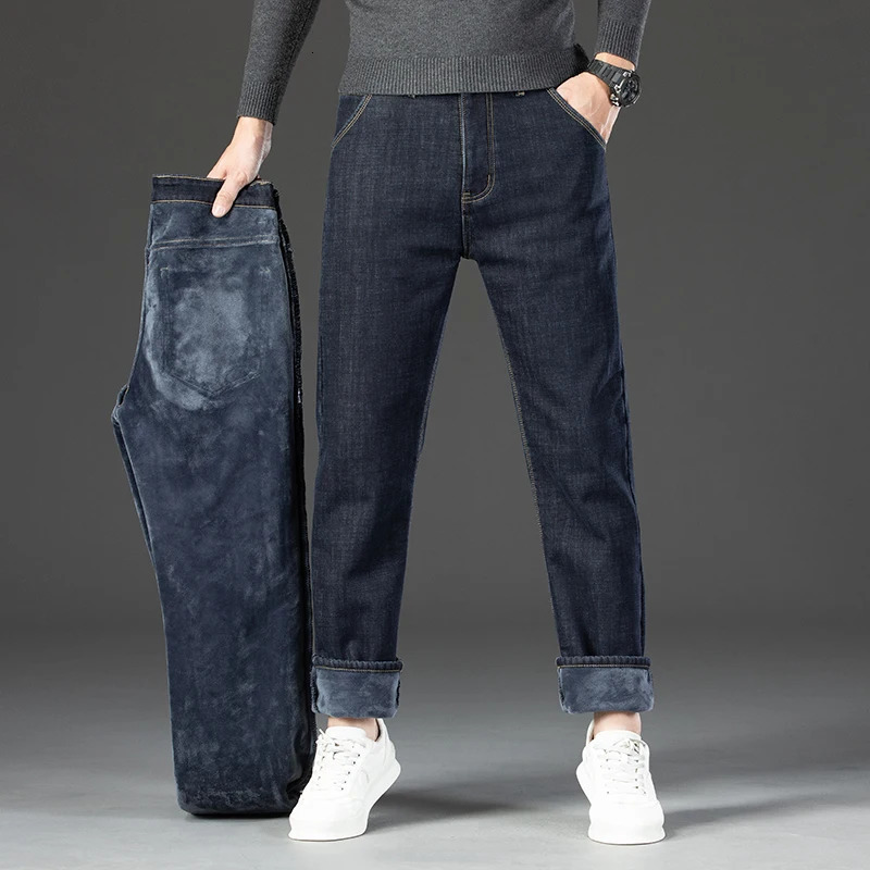 Winter Warm Fleece Jeans Mens Thick Thermal Casual Straight Denim Pants Male Business Work Stretch Trousers Clothing 260228