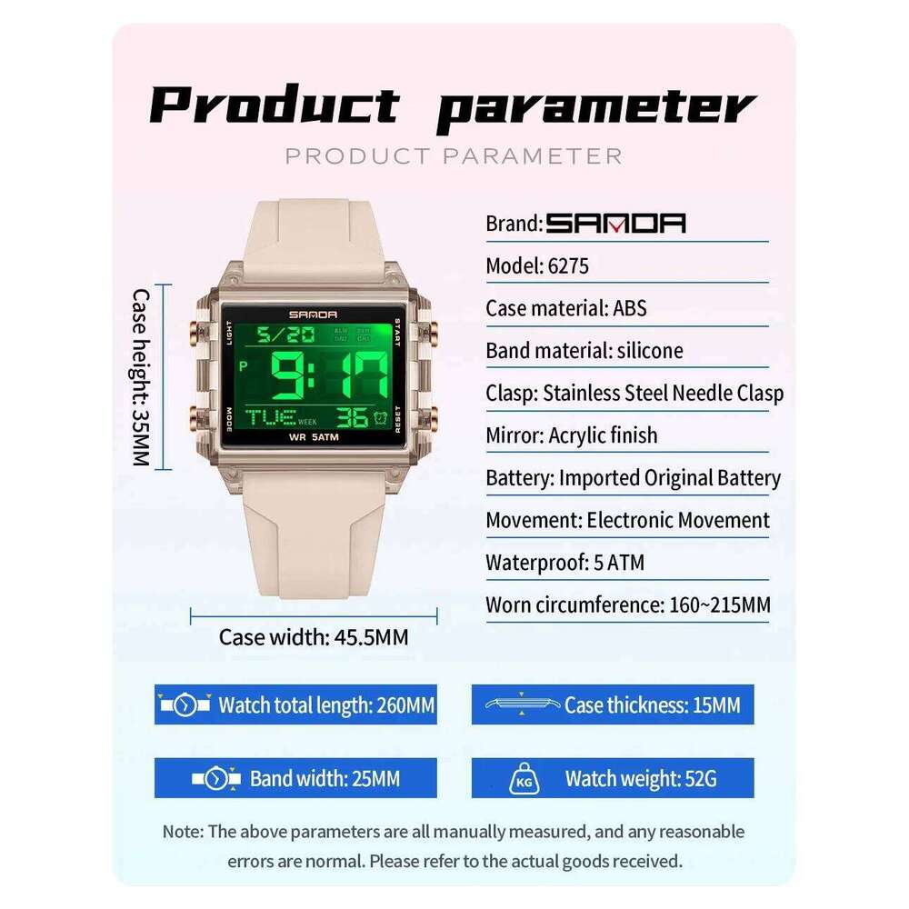 SANDA Brand 6275 Square Transparent Timing Electronic Student Alarm Clock Multifunctional Waterproof Sports Watch