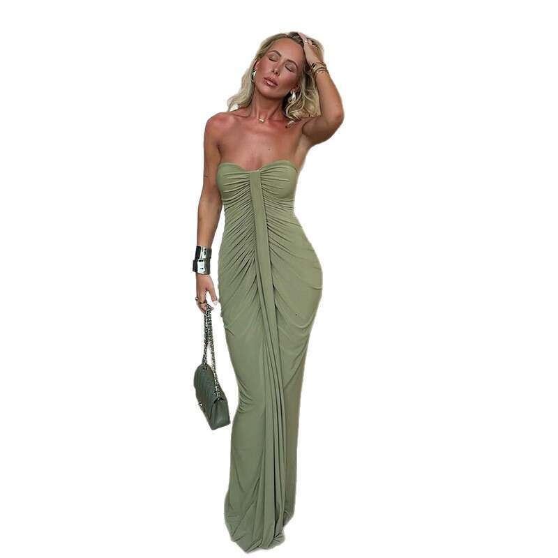 2025 Foreign Trade European and American Women's Fashion Autumn New Solid Color Slim Fit Pleated Wrap with Ribbons Sleeveless Long Dress for Wome