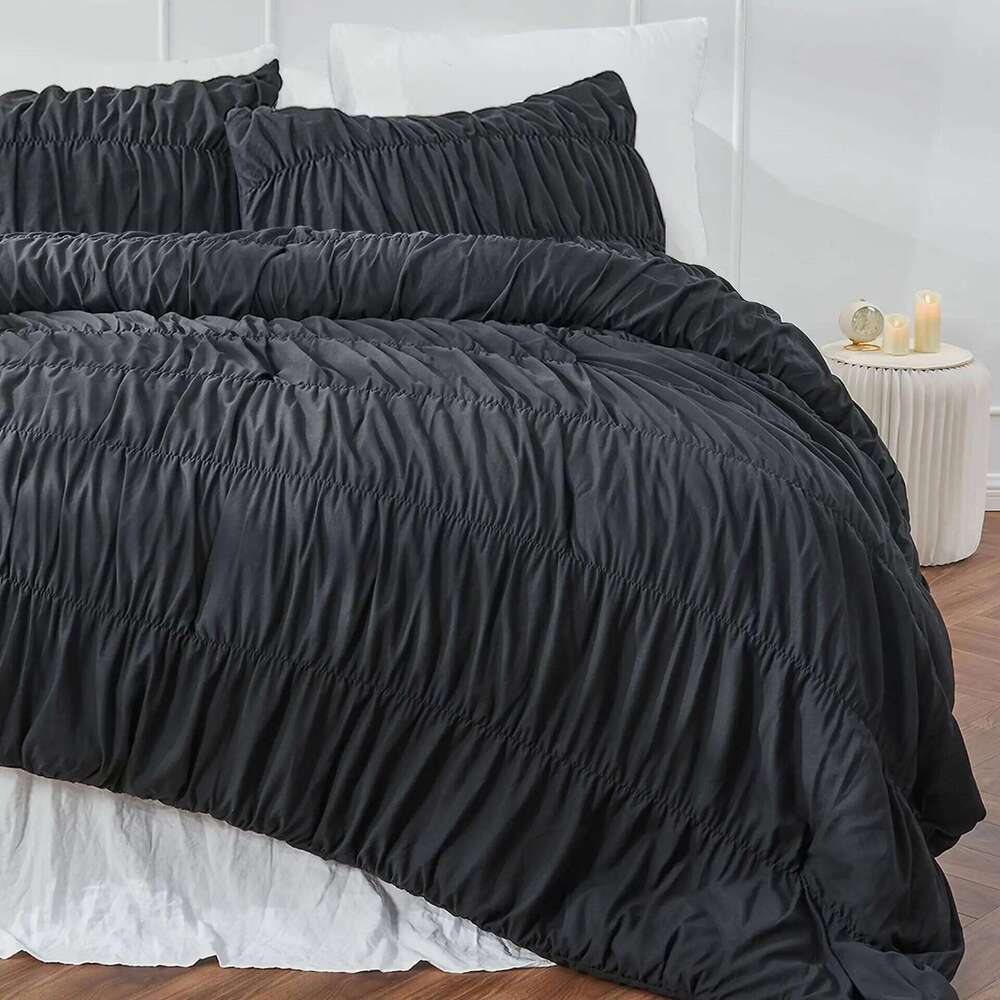 Ruched Black Duvet Soft and Twin Queen King Comforter Cover Boho Shabby Chic Bedding - Fluffy 2/3 Piece Set H260312