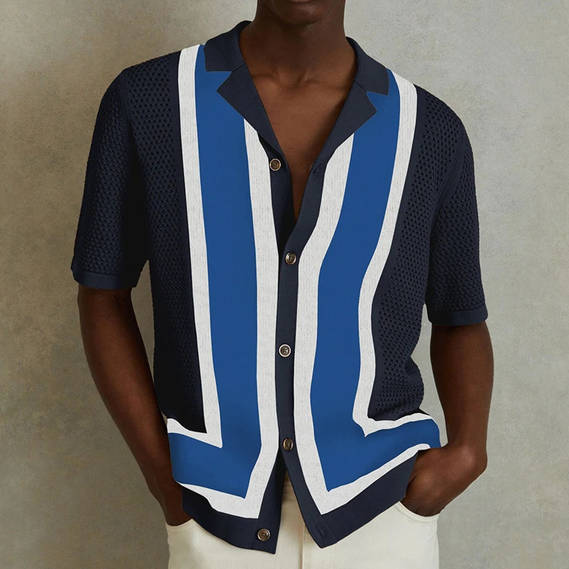 Summer Men Hollowed-out Knitted Polo Shirt Short Sleeve Patchwork Cuban Collar Trendy Cardigan Hawaiian Beach Holiday Knitwear 260311