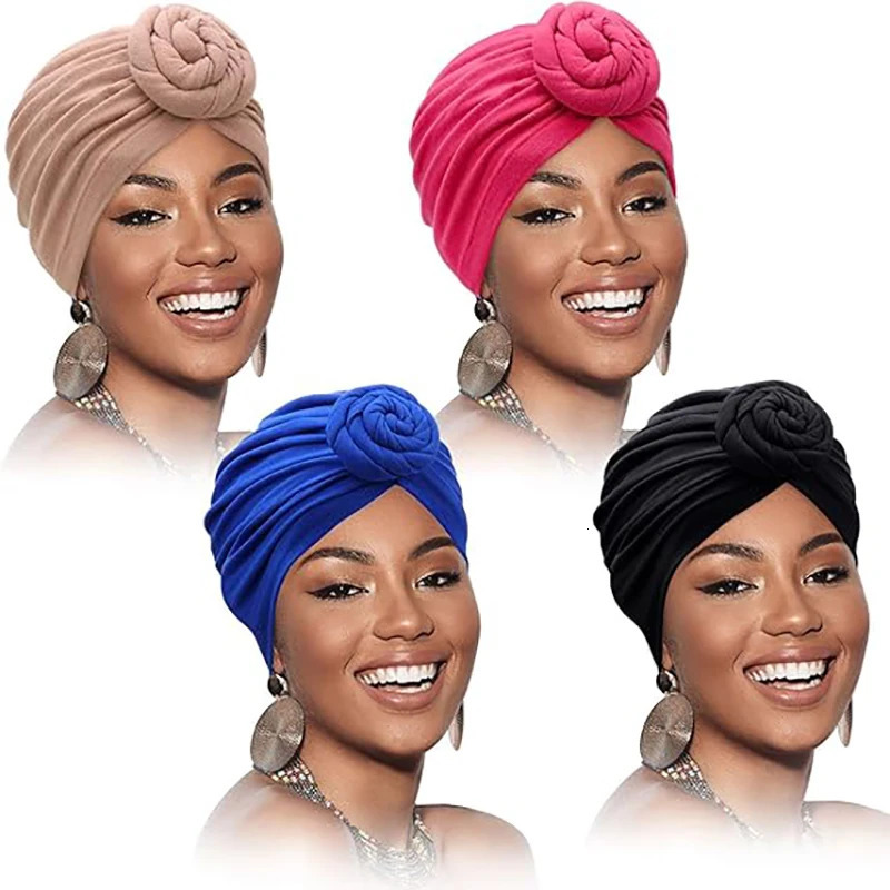 4PCS/LOT Muslim Women Turban Hat Knot Headwrap Ladies Hair Cover Bonnet Beanie African Headscarf Chemo Cap Bandanas 260304