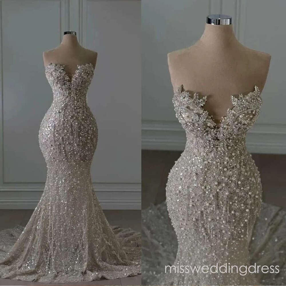 Gorgeous Pearls Crystal Wedding Dresses Sequins Strapless Bridal Gowns Beading Illusion Sleeveless Mermaid Customized Vestidos De Novia Plus Size