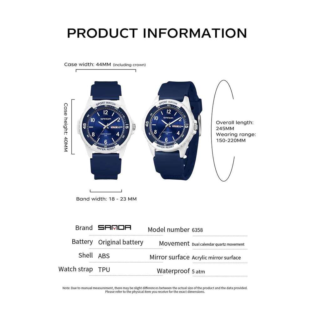 SANDA 6358 Male Female Student Sports Quartz Watch 5ATM Waterproof Luminous Double Calendar Lightweight and Drop resistant
