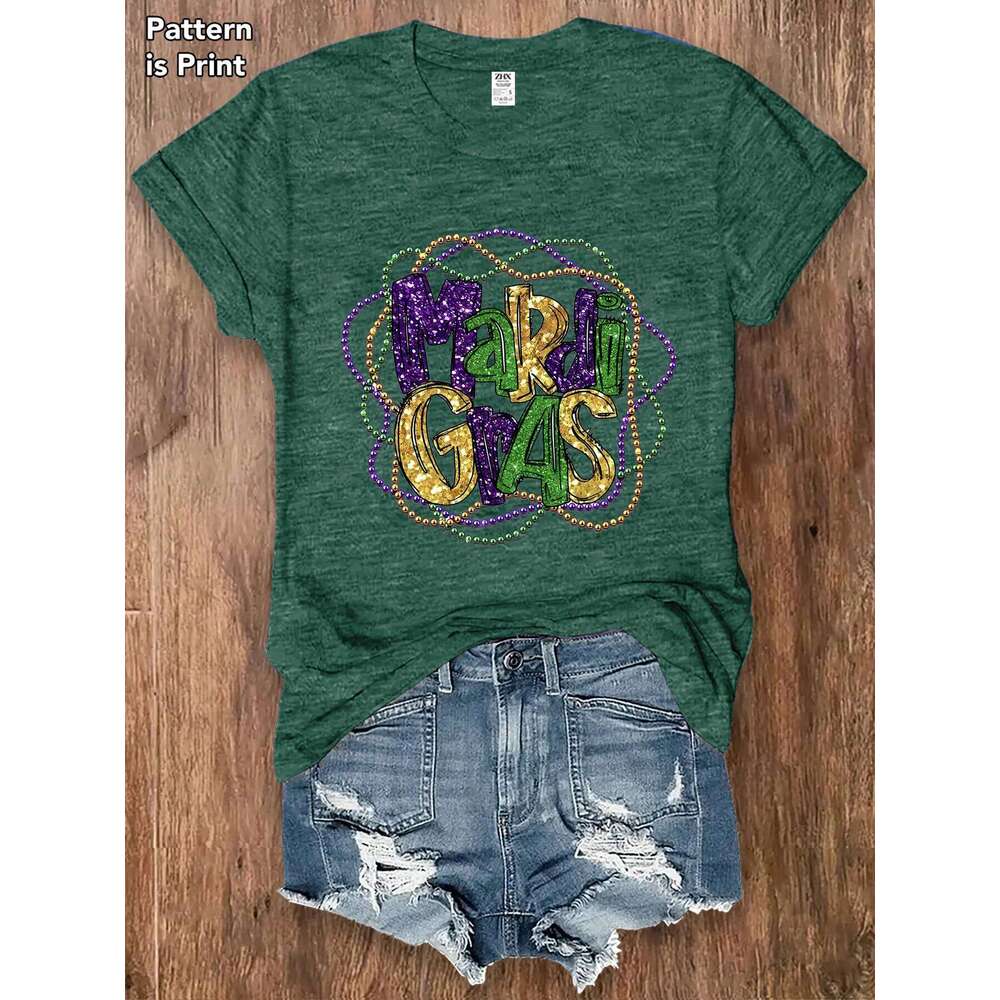 Women Mardi Gras T-Shirt Purple Green Gold Text Summer Short Sleeve Tee Casual Festival Party Gift Top Multi Colors Available Z260312