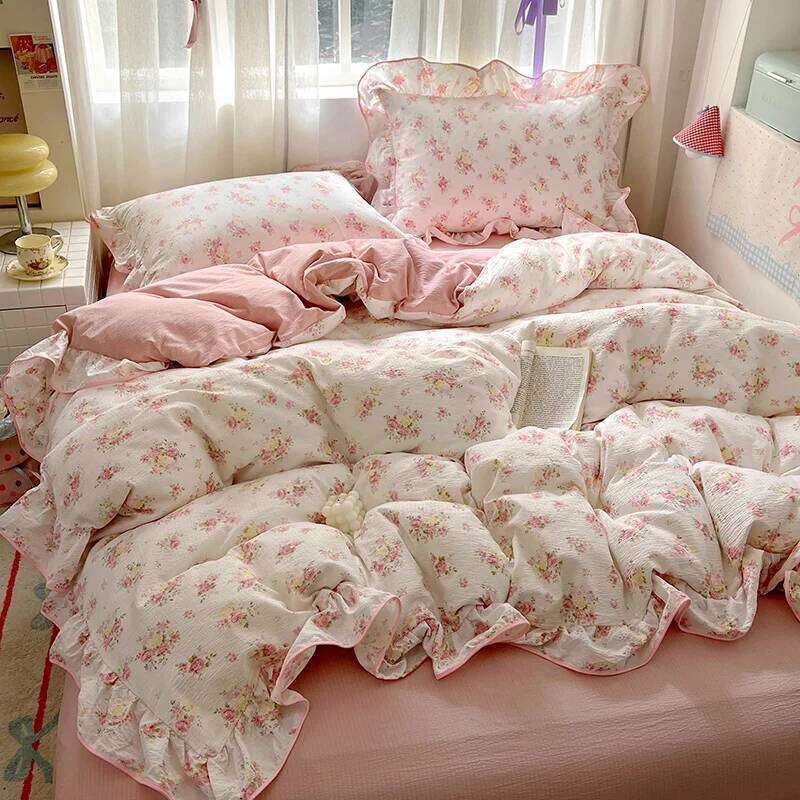 Ruffles Bedding Floral Style Duvet Cover Pillowcase with Bedsheet Skin-friendly Bed Linen Set Girls Room Bedclothes H260312