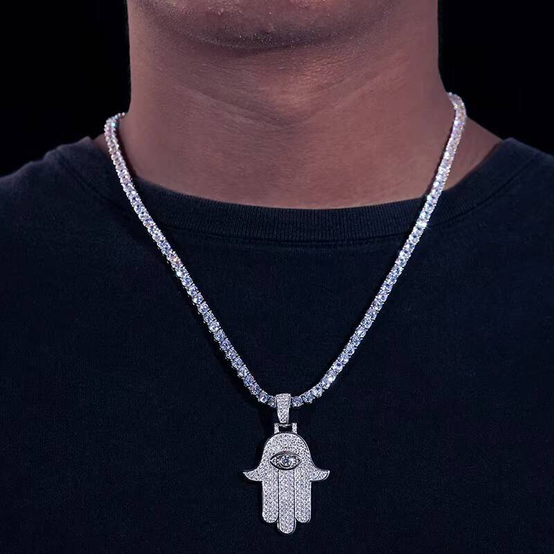 Dropshipping Fine Jewelry 925 Sterling Silver VVS Moissanite Bling Iced Out Eye Hamsa Hand Pendant for Men Women